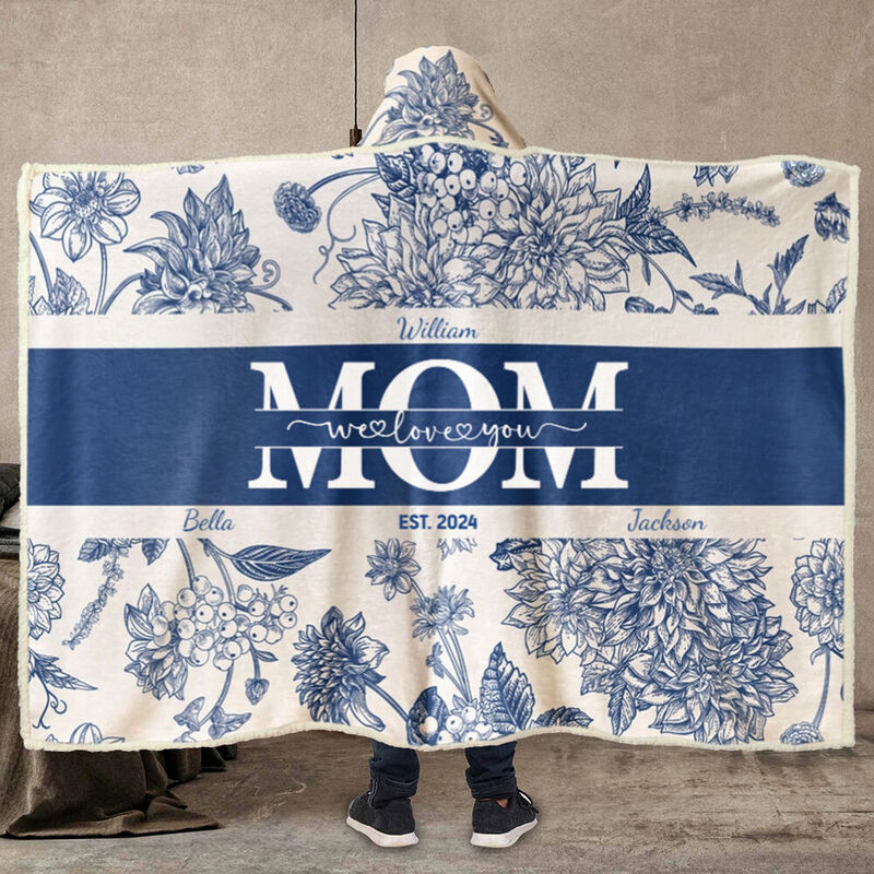 Personalized Name Wearable Blanket Hoodie with Beautiful Flowers Pattern Elegant Gift for Mother's Day