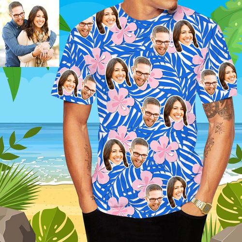 Custom Face Hawaiian Couple T-Shirt With Colorful Flowers