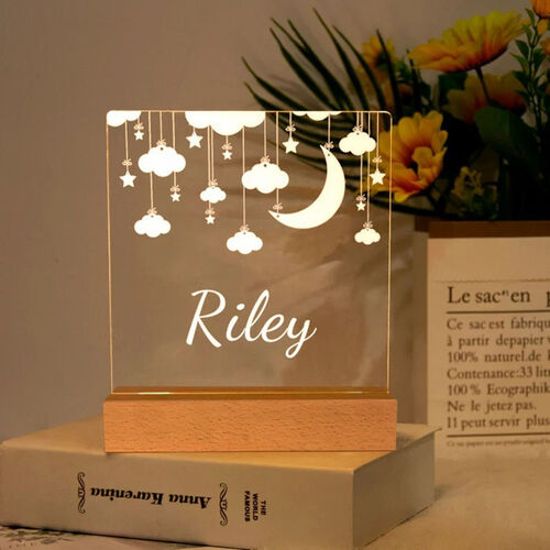 Lampe personnalisée en bois, acrylique, nuage de lune, nom personnalisé pour petite amie