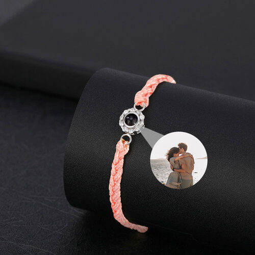 Personalized Round Petal Projection Photo Bracelet Pink Cord for Lover