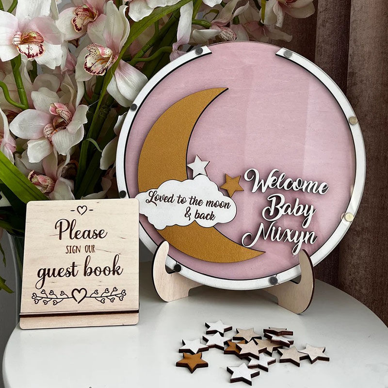 Personalized Round Moon Star Wooden Acrylic Custom Name Guest Book