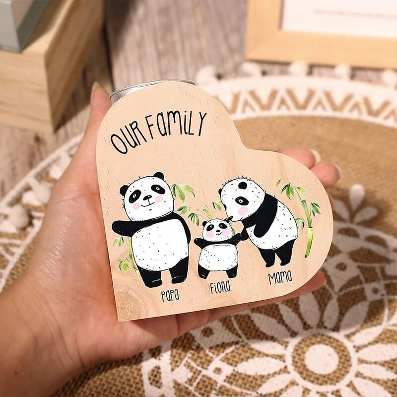 Personalisierte hölzerne Herz Kerze Halter benutzerdefinierte Namen für Kinder mit Panda Familie Muster