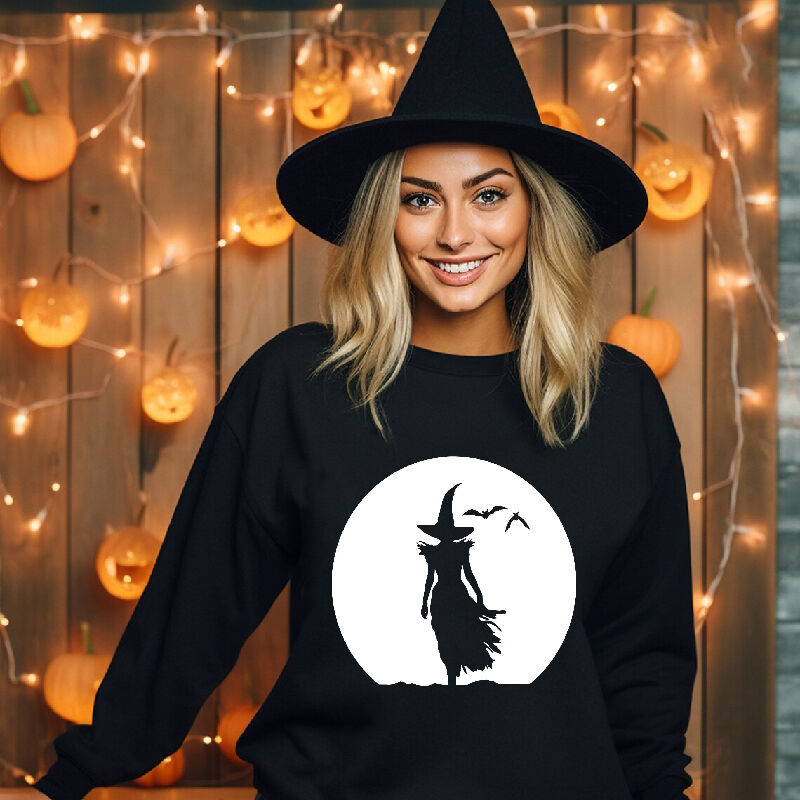 Artistic Sweatshirt with Witch Pattern On Moonlit Night Bold Design Gift for Women