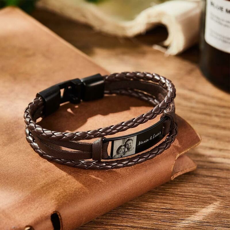Personalized Men's Stainless Steel And Leather Bracelet With Custom Name And Photo Cool Christmas Gift
