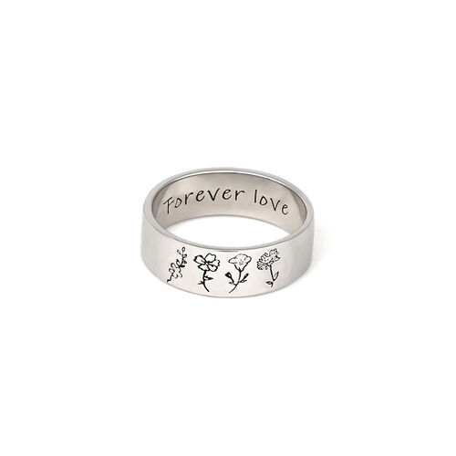 Custom Birth Flower Ring With Text Silver