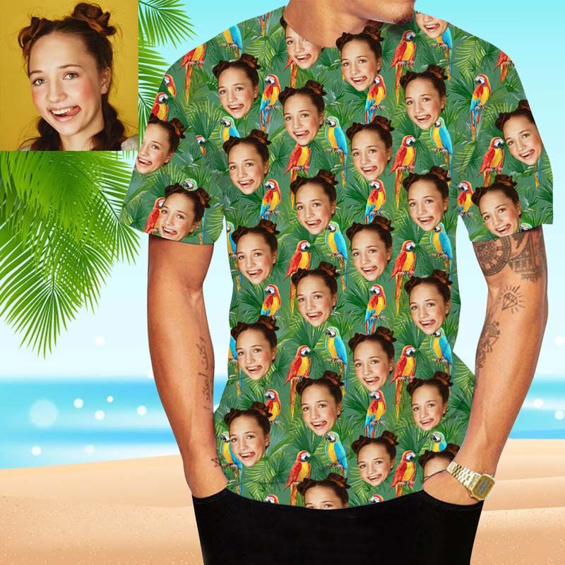Custom Face Hawaiian T-Shirt With Bird & Green Leaves