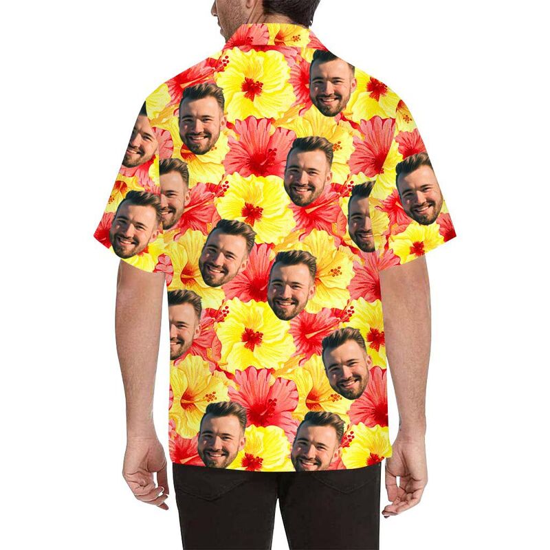 Chemise hawaïenne à impression intégrale pour hommes, avec visage personnalisé, rouge et jaune hibiscus