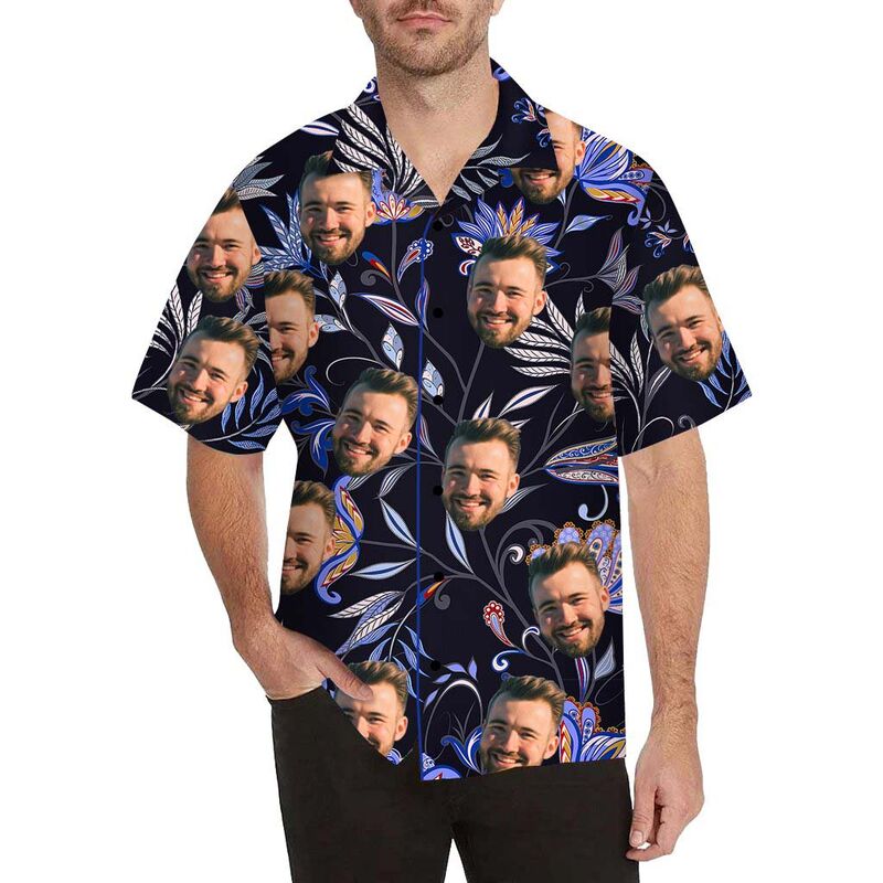 Chemise hawaïenne à impression intégrale pour hommes avec visage personnalisé fleurs bleues et violettes