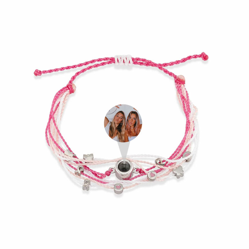 Personalized Pink and White Braided Rope Projection Photo Bracelet with Cute Charm