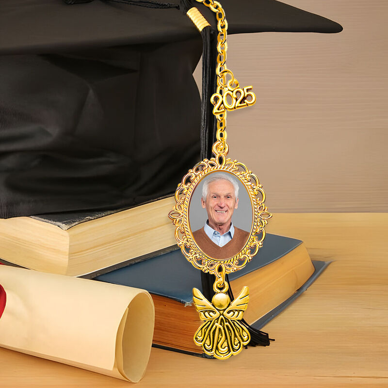 Personalized Class of 2025 Graduation Tassel Photo Charm with Angel Wing Memorial Gift for Kid