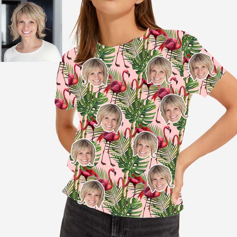 T-shirt hawaïen "Flamant rose dans l'herbe" pour femme avec visage personnalisé