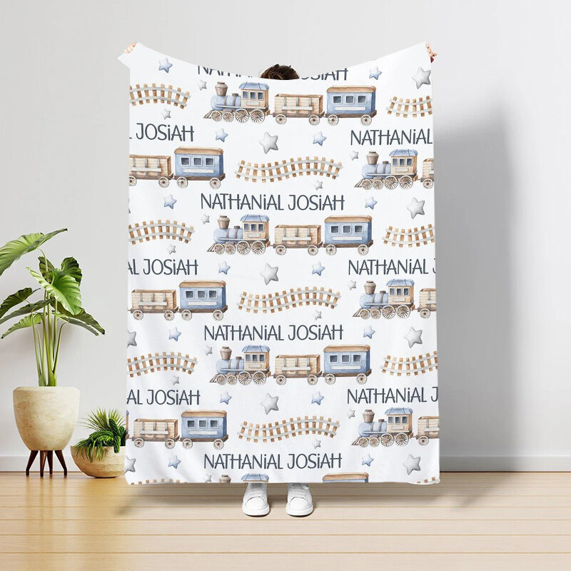 Custom Name Soft Blanket With Cartoon Train Pattern Gift for Little Boy