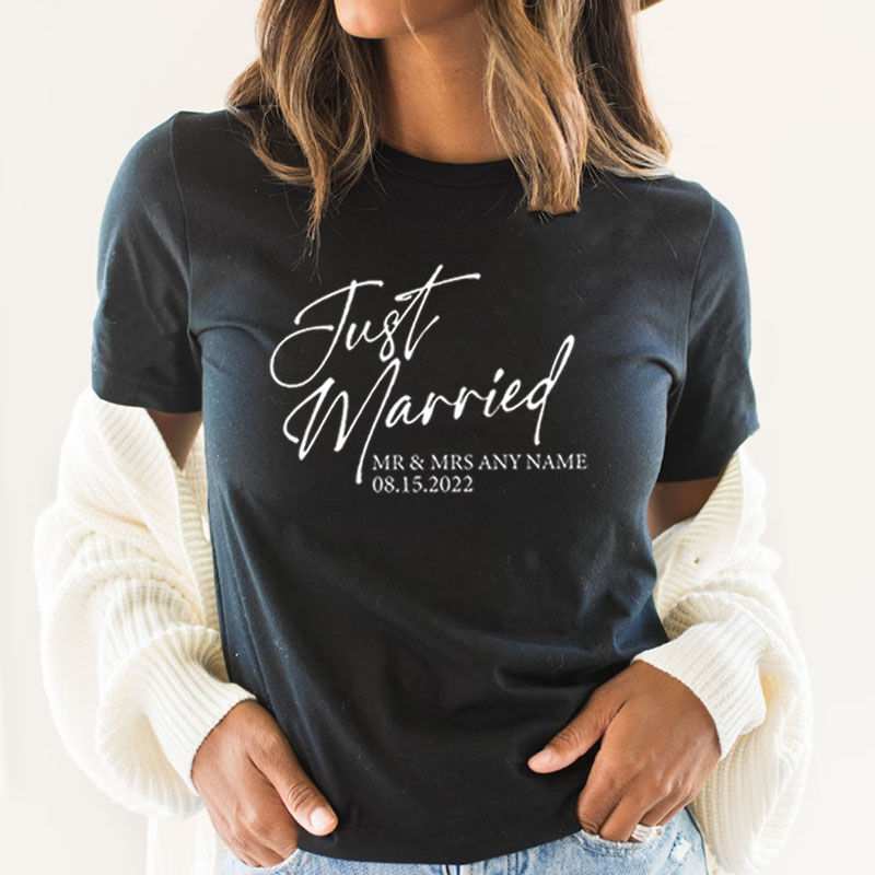 Personalized T-shirt Custom Name and Date Just Married Sign Unique Gift for Wedding Couple