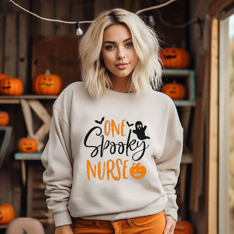 Casual Sweatshirt with Bat Pattern Creative Design Gift for Women "One Spooky Nurse"
