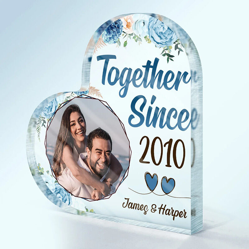 Personalized Heart Shaped Acrylic Photo Plaque Together Since with Flowers Gift for Couples