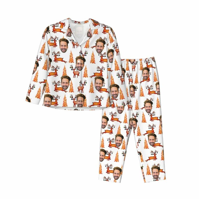 Personalisierte Pyjamas mit individuellem Foto Weihnachtsbaum Rentier Orangener Stil Design Warmes Geschenk für die Familie