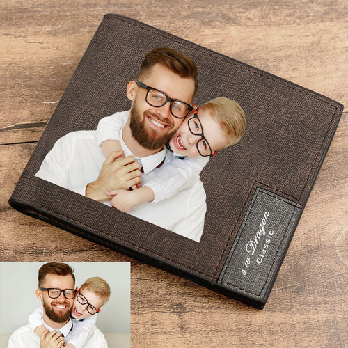 Men's Bifold Short Custom Photo Wallet Brown Color Printing Father's Day Gift Ideas