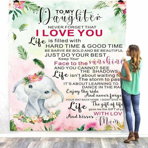 Personalized Love Letter Soft Blanket Mom Gift for Daughter Printed with Cute Baby Elephant