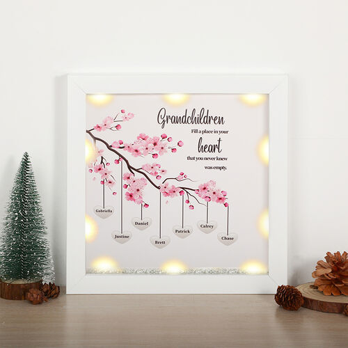 Cornice dell'albero genealogico con nome e rami di prugna rosa