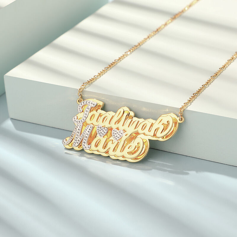 Two Tone Personalized Name Necklace with Two Hearts