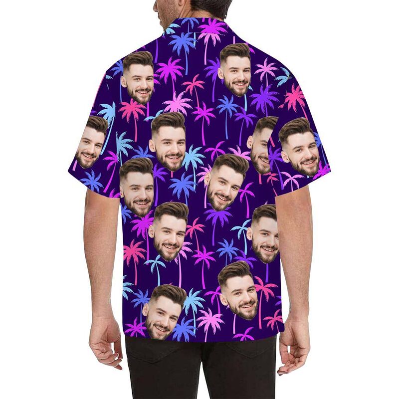 Custom Face Colorful Purple Coconut Tree Men's All Over Print Hawaiian Shirt