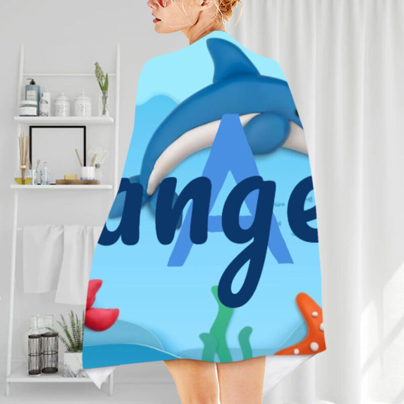Personalized Name Bath Towel with Underwater Animal World Pattern for Dear Kids