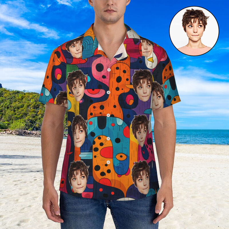 Camicia hawaiana personalizzata con stampe d'arte astratta e foto del viso per lui