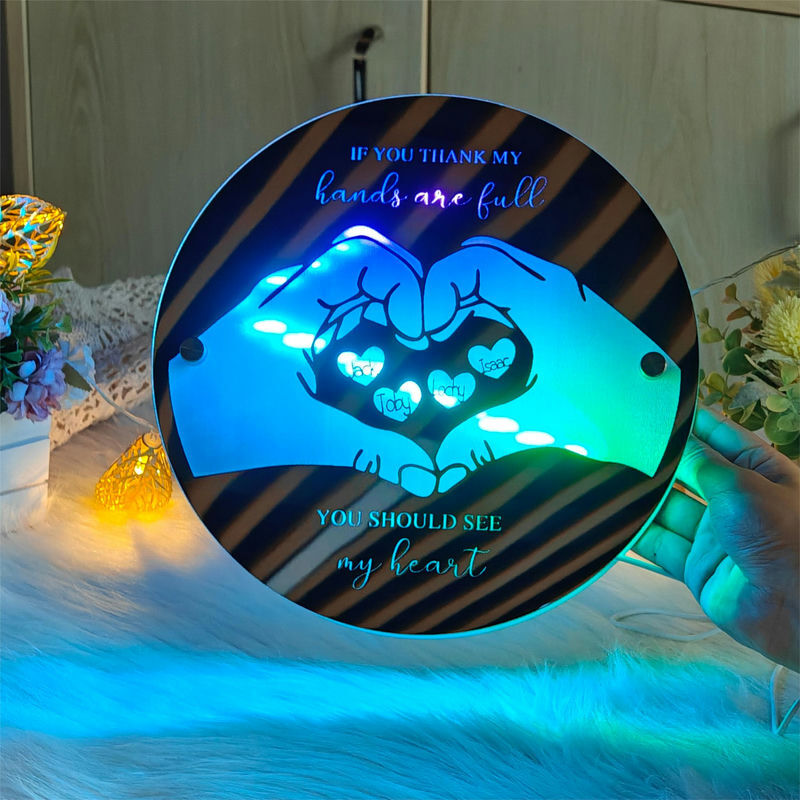 Personalized Round Mirror Lamp With Hand Pattern Warm Gift For Parents
