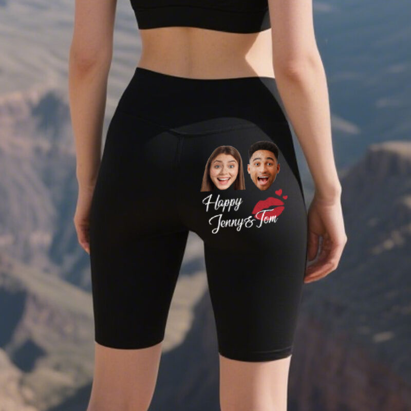 Personalized Biker Leggings Happy Couples Custom Photo Kiss Design Attractive Gift for Her Lovers
