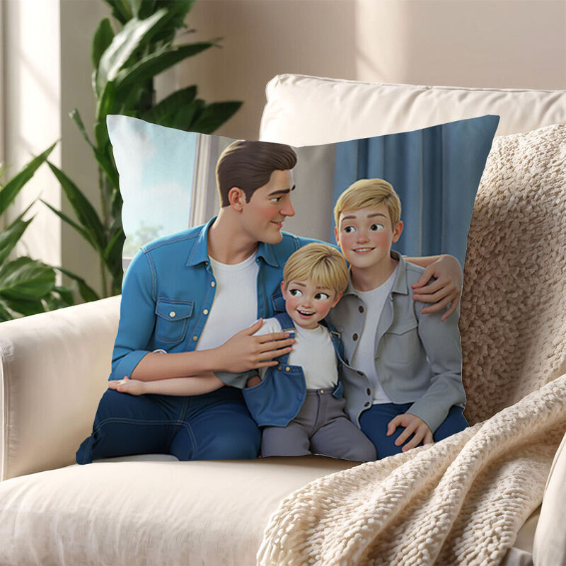 Personlig kudde med tecknad bild i Pixar-stil julklapp till familjen