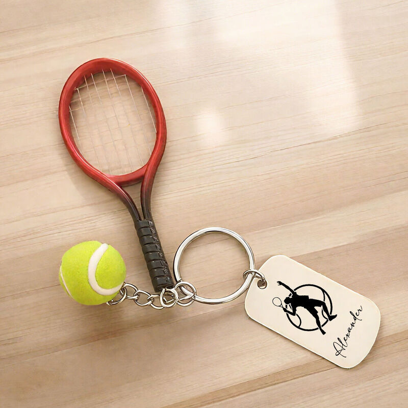 カスタマイズ テニスラケット＆ボール キーチェーン スポーツ 記念品 名前や文字入り ギフト
