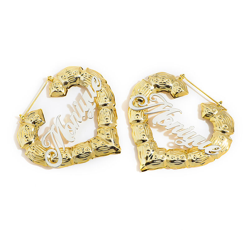 Heart Bamboo Personalized Name Earrings