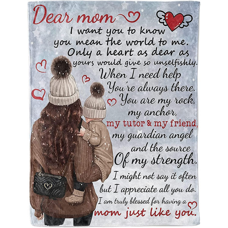 Personalized Flannel Letter Blanket Mother and Child Cartoon Image Pattern Blanket Gift for Mom from Kids
