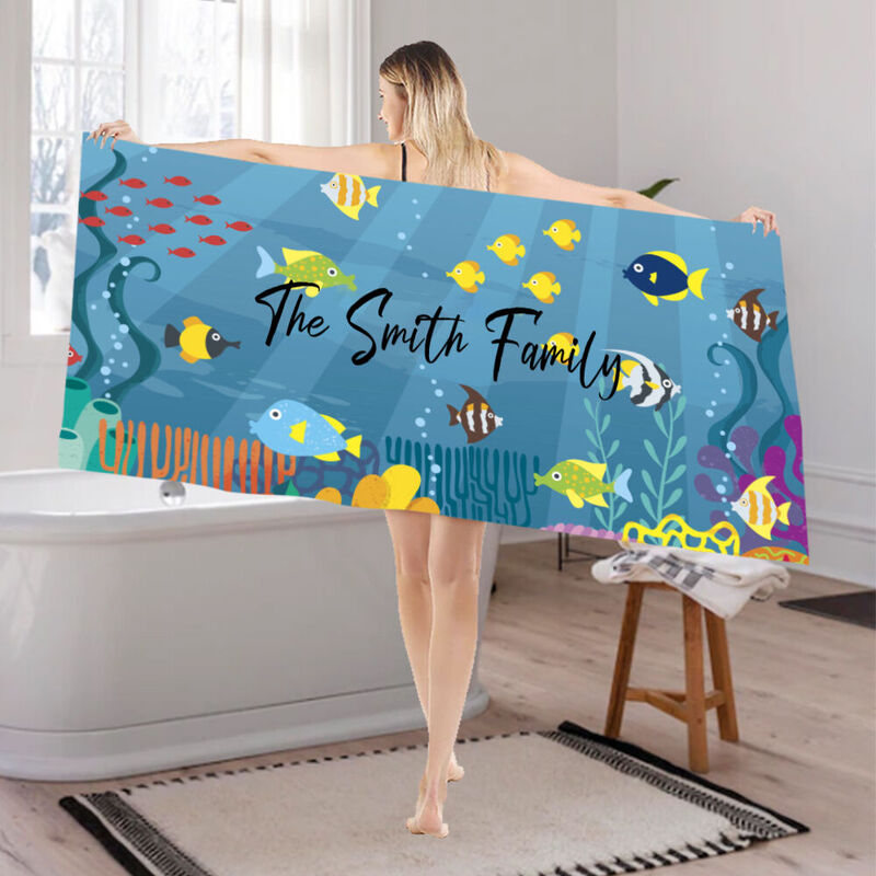 Custom Name Bath Towel with Sea Life Pattern for Kids