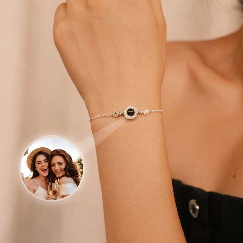 Bracelet Photo Projection Personnalisé Pendentif Rond avec Diamants et Pierre de Naissance Cadeau de Noël