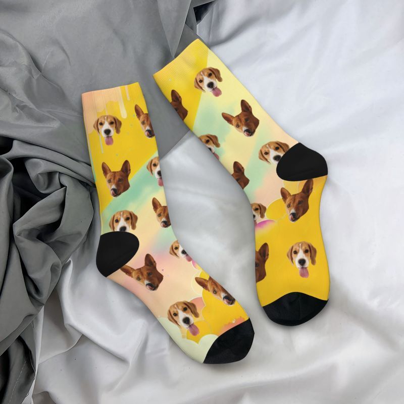 Calzini personalizzati Tie Dye con faccia arcobaleno stampati con 2 foto di animali domestici