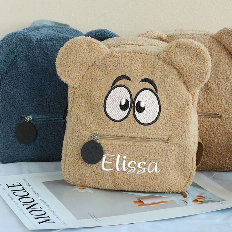 Personalized Teddy Bear Kids Backpack with Embroidered Cartoon Eyes for Cute Kids