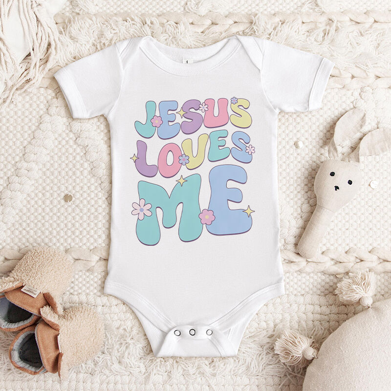Personalized Baby Onesie Jesus Loves Me Colorful Text Design Attractive Baby Shower New Mom Gift