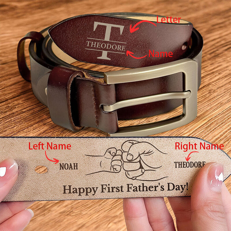 "Happy First Father's Day" Personalized Engraved Leather Belt Unique Gift for New Dad