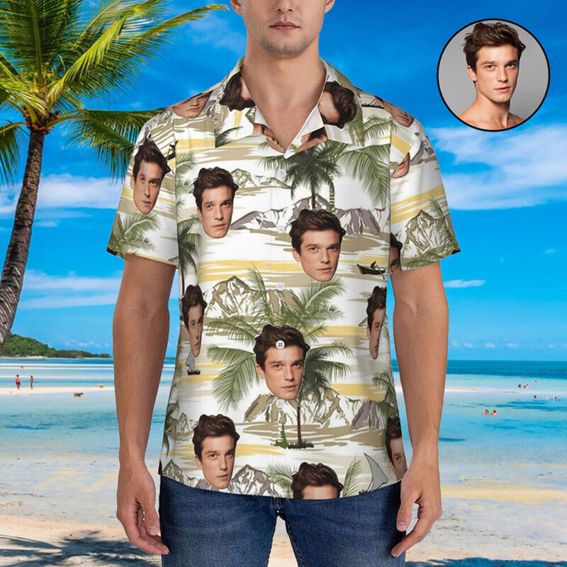 Custom Hawaiian Shirt with Coconut Tree Pattern Add Photo Holiday Gift for Husband