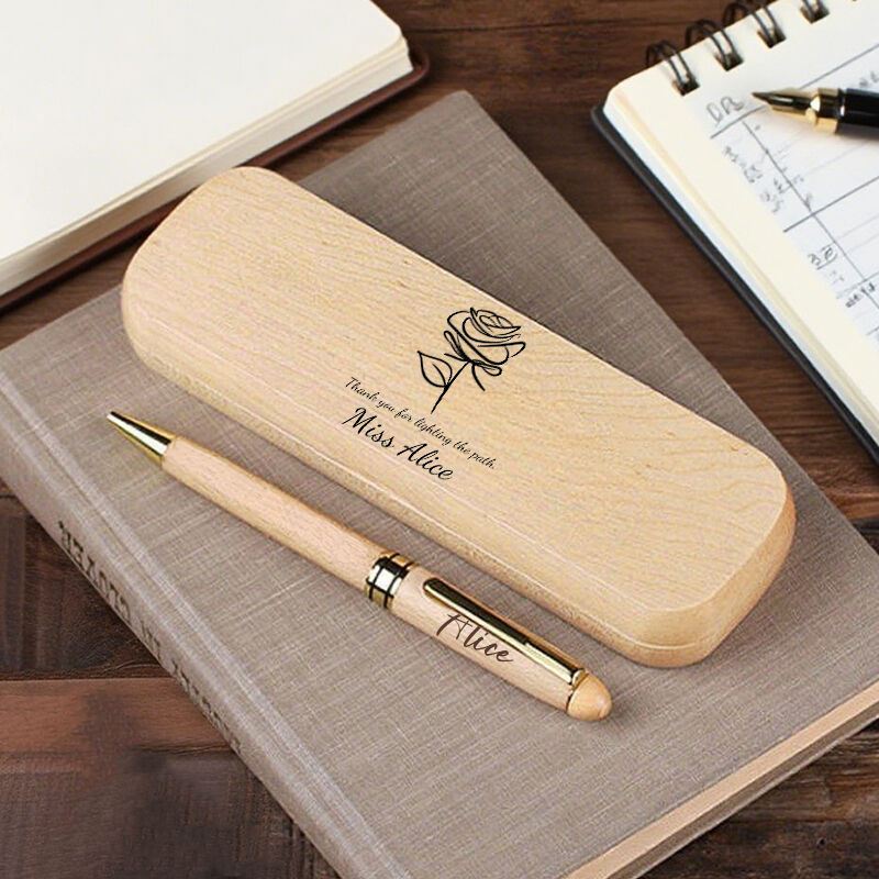 Personalized Pen Wooden Box Elegant Rose Custom Name Design Exquisite Thank You Gift for Teacher