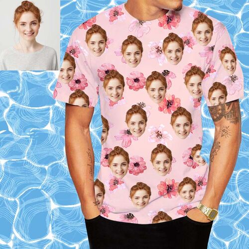 T-Shirt Personalizzata Stampa Volto Stile Hawaiano e Fiori Rosa per Uomo