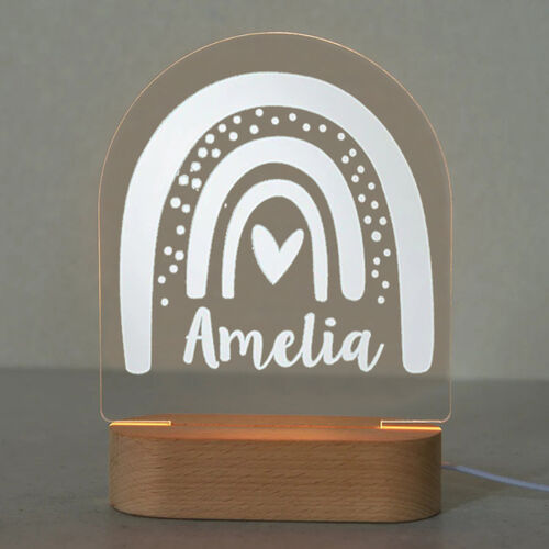 Lampe personnalisée en bois acrylique cœur arc-en-ciel et nom pour enfants