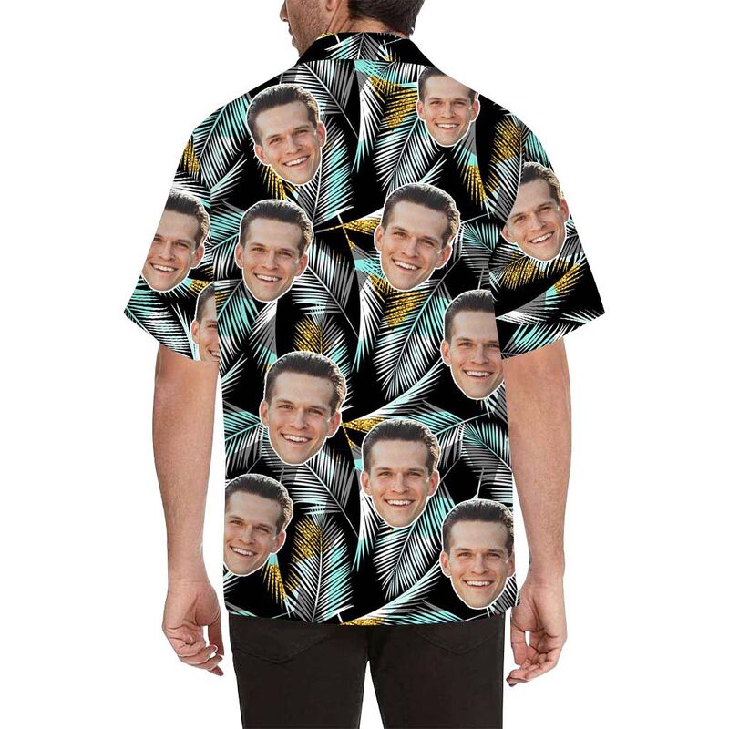 Chemise hawaïenne à impression intégrale pour hommes, avec visage personnalisé et feuilles de palmier