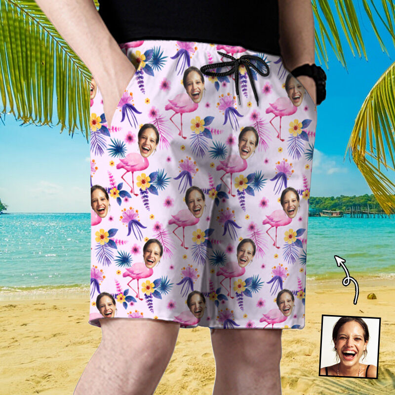 Personalized Picture Men's Beach Shorts with Pink Flamingo Pattern Lovely Gift for Family