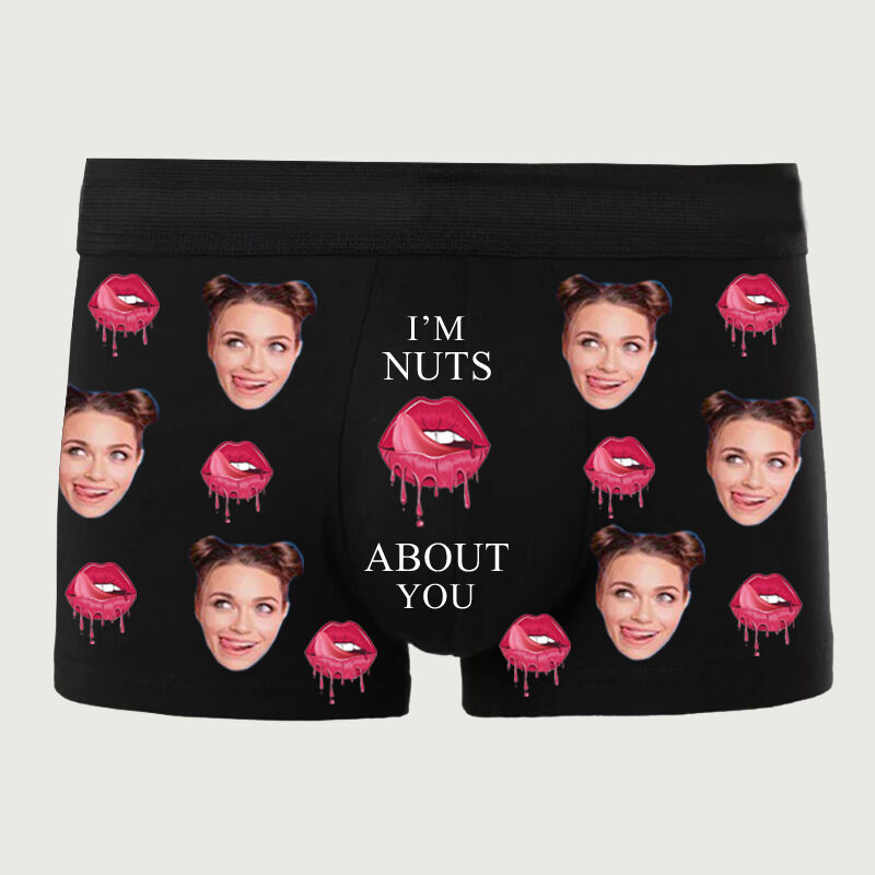 Personalized Photo Men's Underwear Boxer Briefs with Pink Mouth Pattern Funny Valentine's Day Gift"I'M Nuts About You"