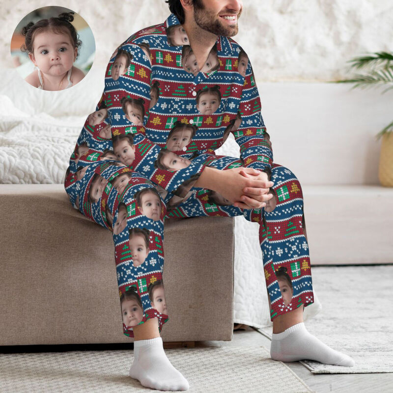 Personalized Pajamas Custom Photo Classic Christmas Elements Pattern Design Attractive Gift for Family