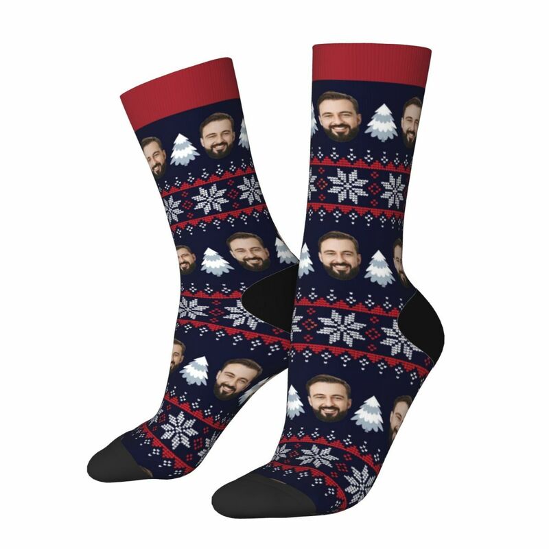 Personalized Face Socks with White Tree and Snowflake Pattern Men's Socks for Christmas