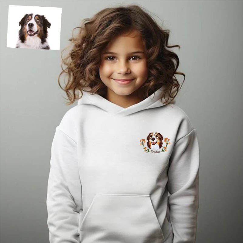 Sweat à capuche brodé personnalisé pour enfants, photo couleur de la tête d'un animal de compagnie avec décoration florale, cadeau pour enfants