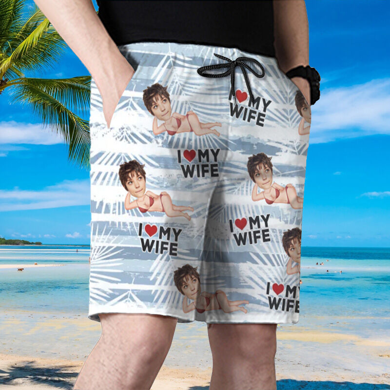 Personalized Picture Men's Beach Shorts Best Gift for Husband "I Love My Wife"
